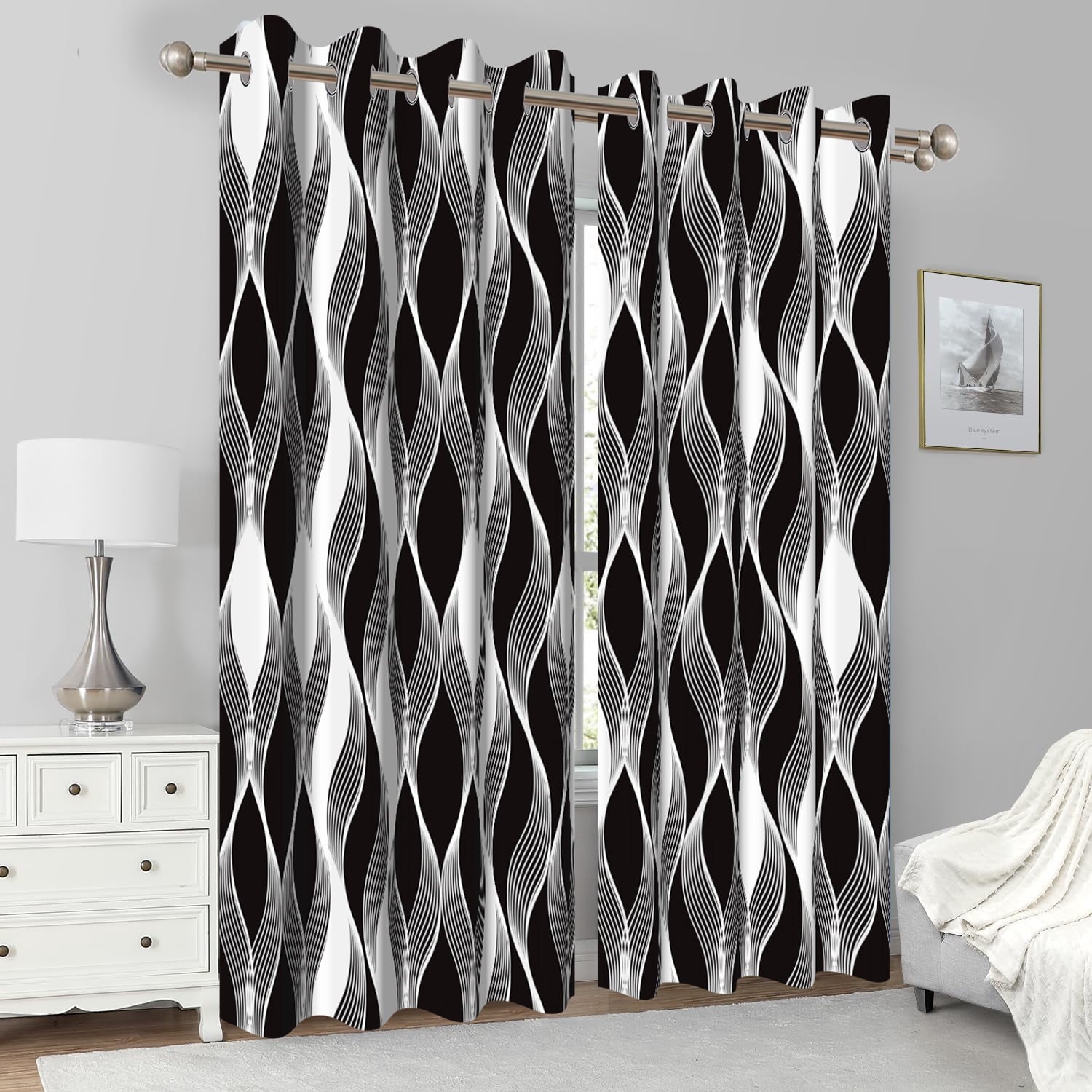 2 Panels Black and White Blackout Curtains for Bedroom,Abstract Striped Grommet Window Drapes for Living Room,52x84 Inch