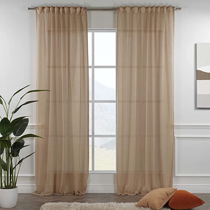 3S Brother's Pink Linen Look Extra Long Set of 2 Panels Sheer Curtains Rod Pocket & Back Tab Home Décor Window Custom Made Drapes 10-30 Ft. Long -Made in Turkey Each Panel (52"W x 63"L)