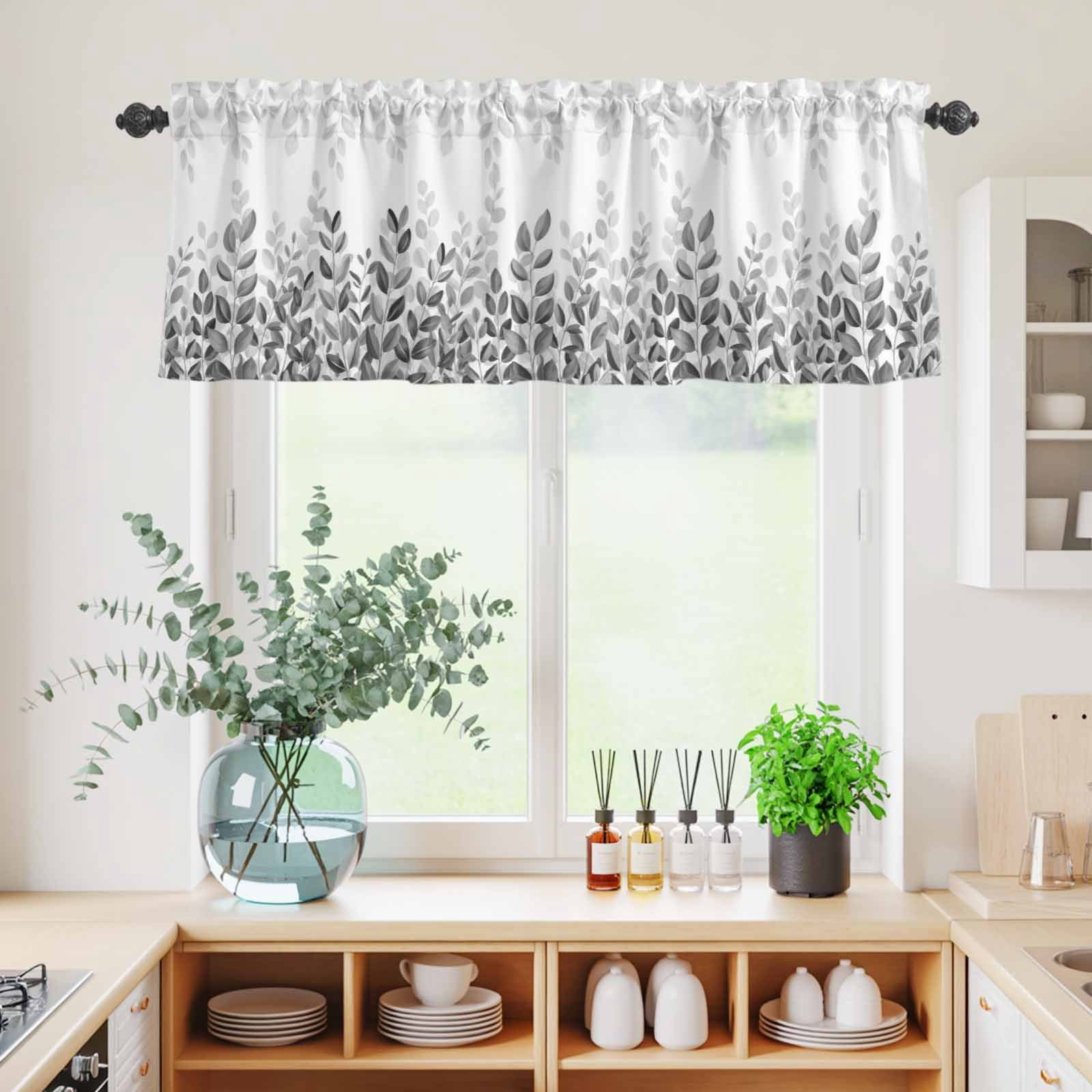 3 Piece Kitchen Curtains and Valances Set Spring Gray Eucalyptus Cafe Curtains 36 Inch Length Summer Botanical Leaf Country Valance & Tier Curtain for Living Room Bedroom Window 54"x18"+27"x36"*2