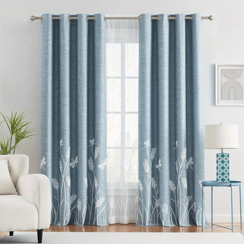 1pc Embroidery Faux Linen Blackout Wide Curtains Grommet Drape for Bedroom, Living Room Patio Door