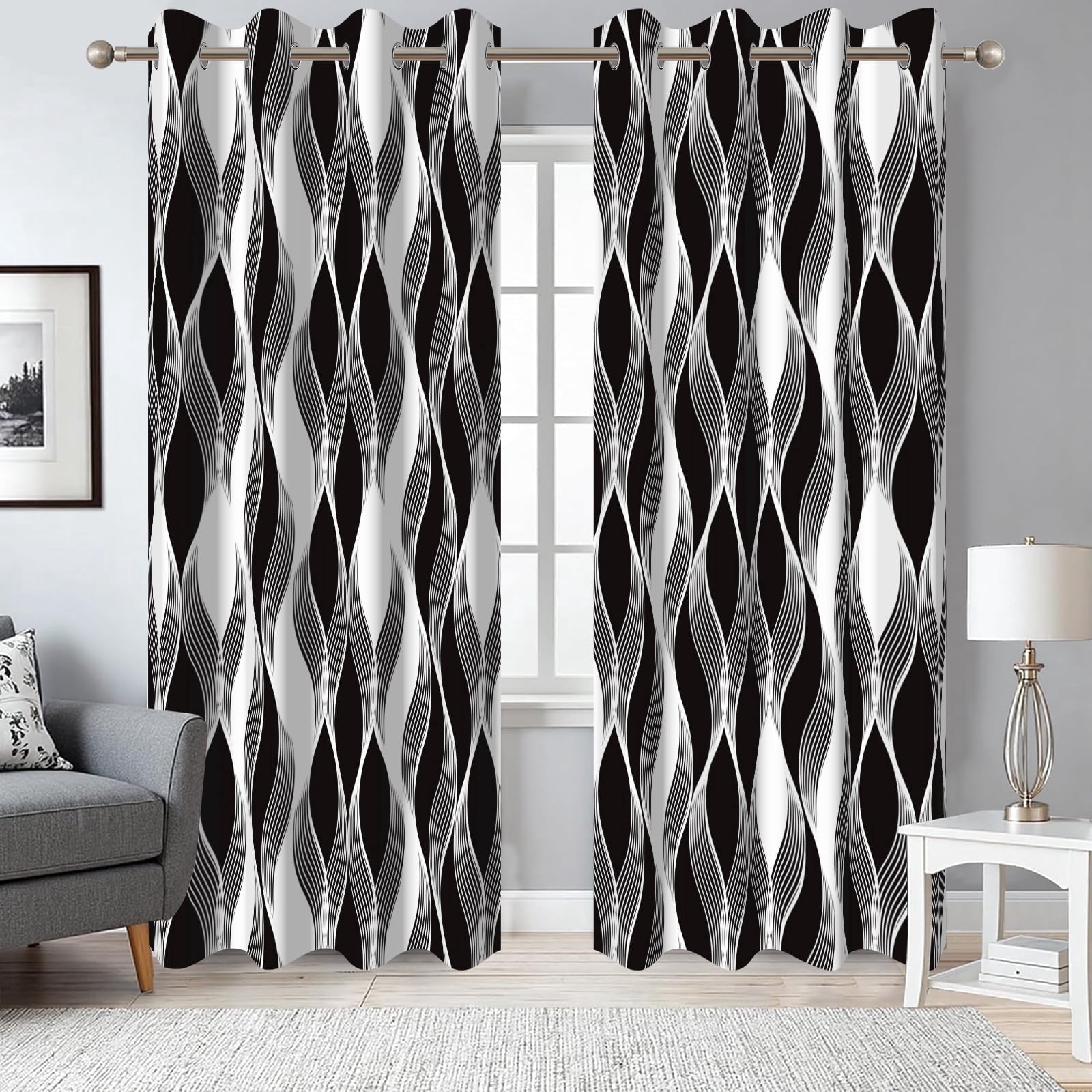 2 Panels Black and White Blackout Curtains for Bedroom,Abstract Striped Grommet Window Drapes for Living Room,52x84 Inch