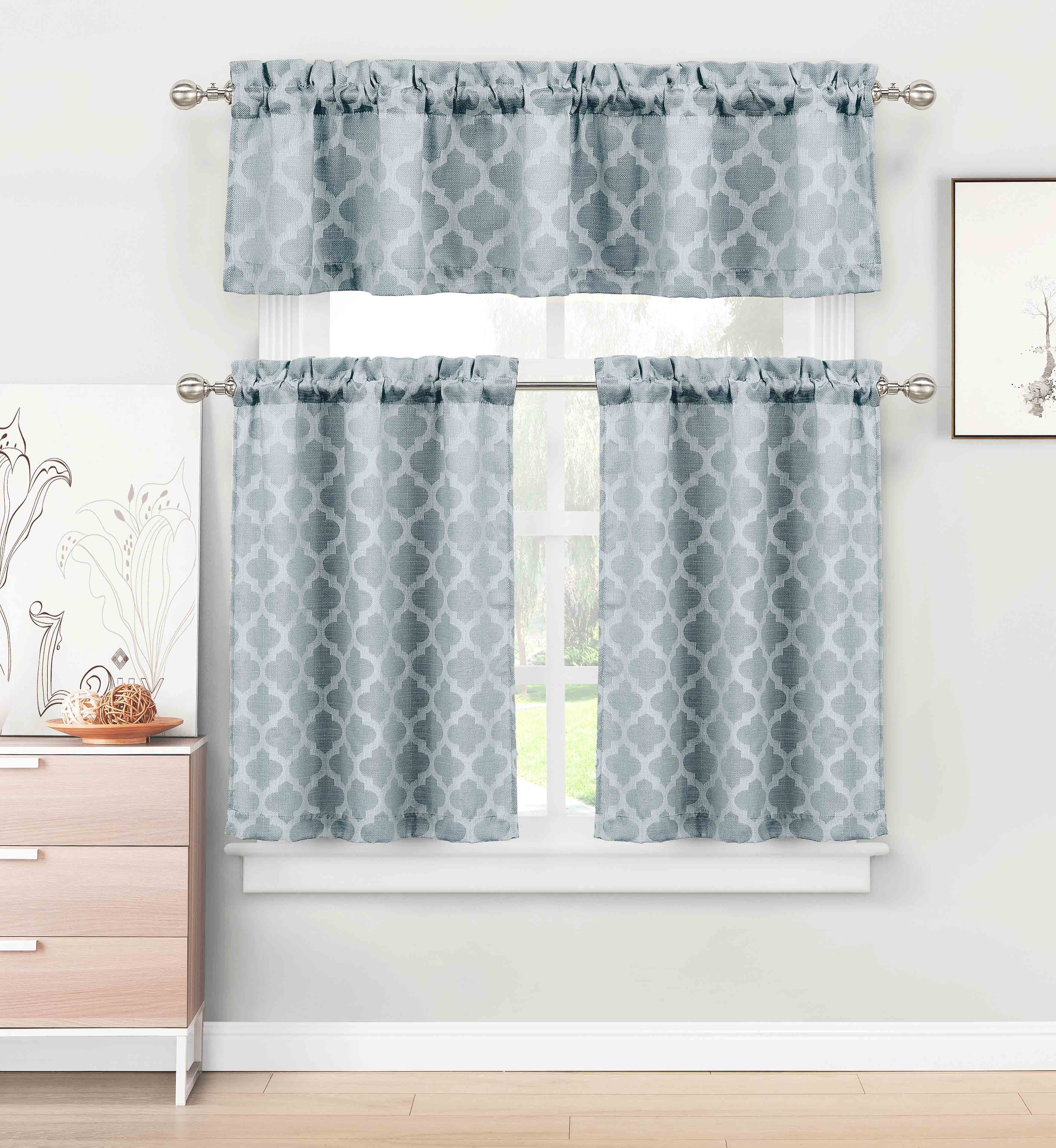 3 Piece Kitchen/Cafe Tier Window Curtain Set: Moroccan Trellis/Tile Design (Denim Navy)