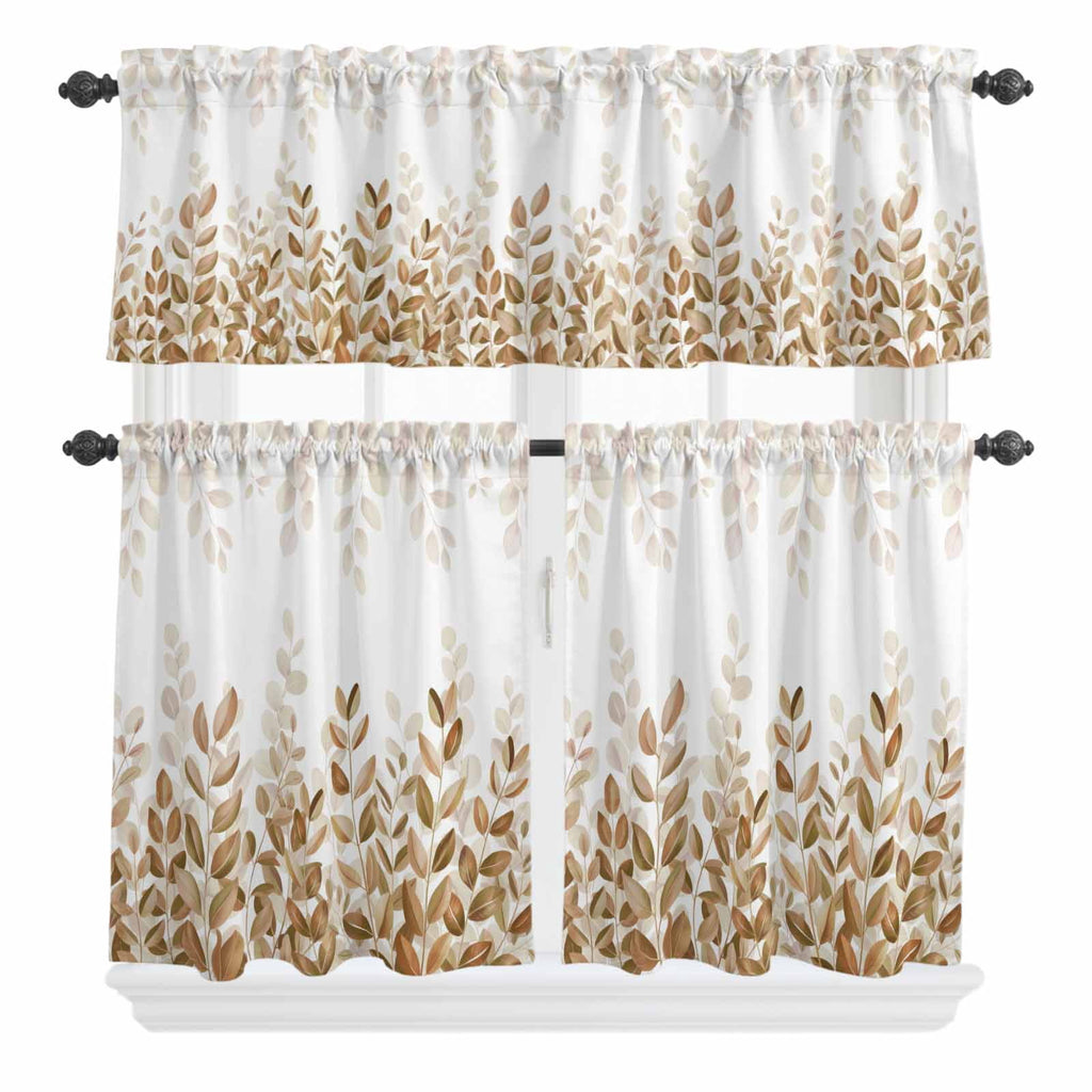 3 Piece Kitchen Curtains and Valances Set Spring Gray Eucalyptus Cafe Curtains 36 Inch Length Summer Botanical Leaf Country Valance & Tier Curtain for Living Room Bedroom Window 54"x18"+27"x36"*2