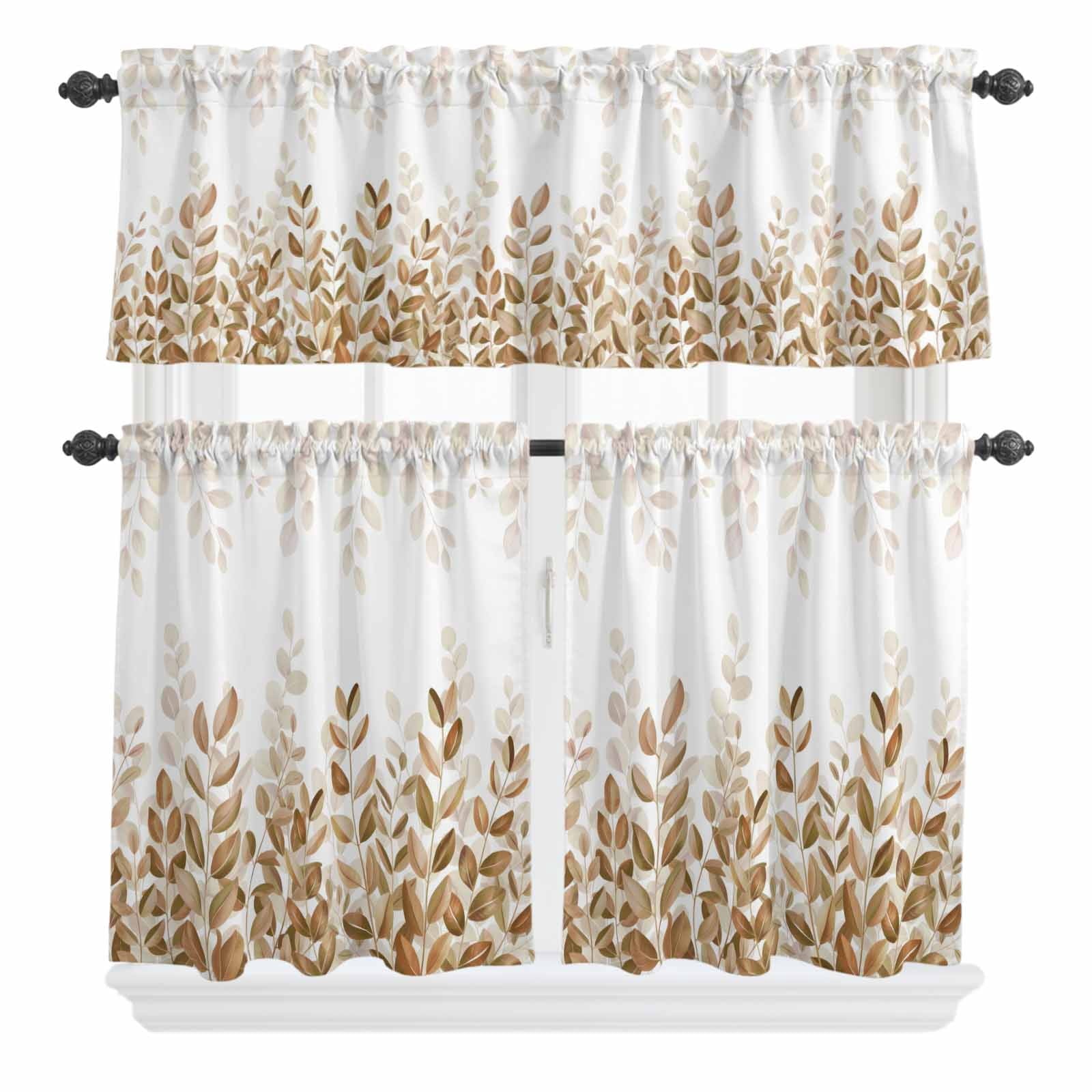 3 Piece Kitchen Curtains and Valances Set Spring Gray Eucalyptus Cafe Curtains 36 Inch Length Summer Botanical Leaf Country Valance & Tier Curtain for Living Room Bedroom Window 54"x18"+27"x36"*2