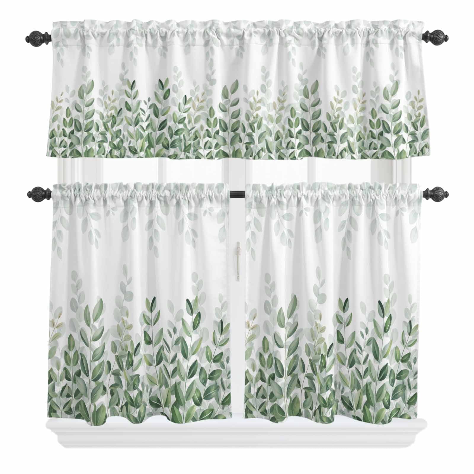 3 Piece Kitchen Curtains and Valances Set Spring Gray Eucalyptus Cafe Curtains 36 Inch Length Summer Botanical Leaf Country Valance & Tier Curtain for Living Room Bedroom Window 54"x18"+27"x36"*2