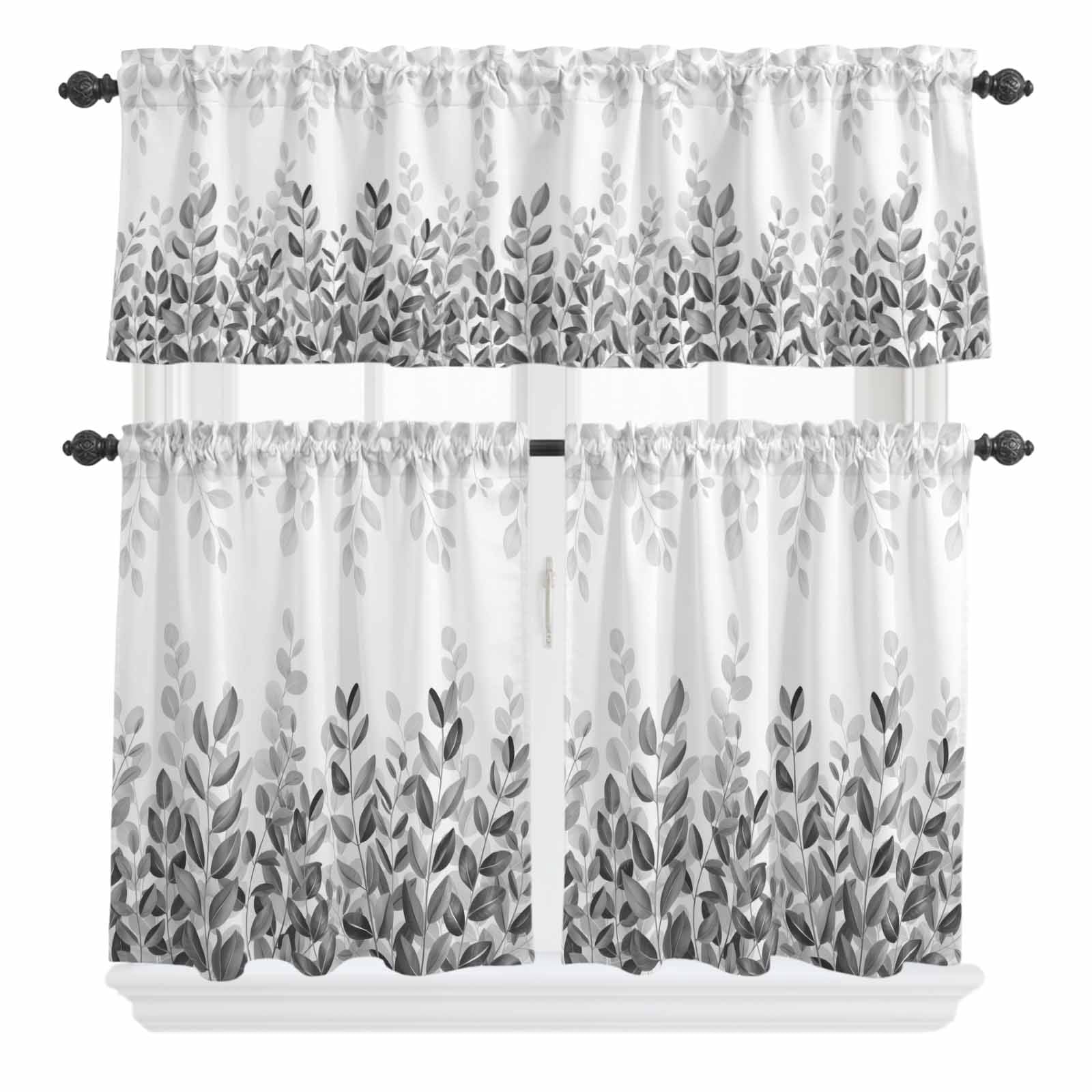 3 Piece Kitchen Curtains and Valances Set Spring Gray Eucalyptus Cafe Curtains 36 Inch Length Summer Botanical Leaf Country Valance & Tier Curtain for Living Room Bedroom Window 54"x18"+27"x36"*2