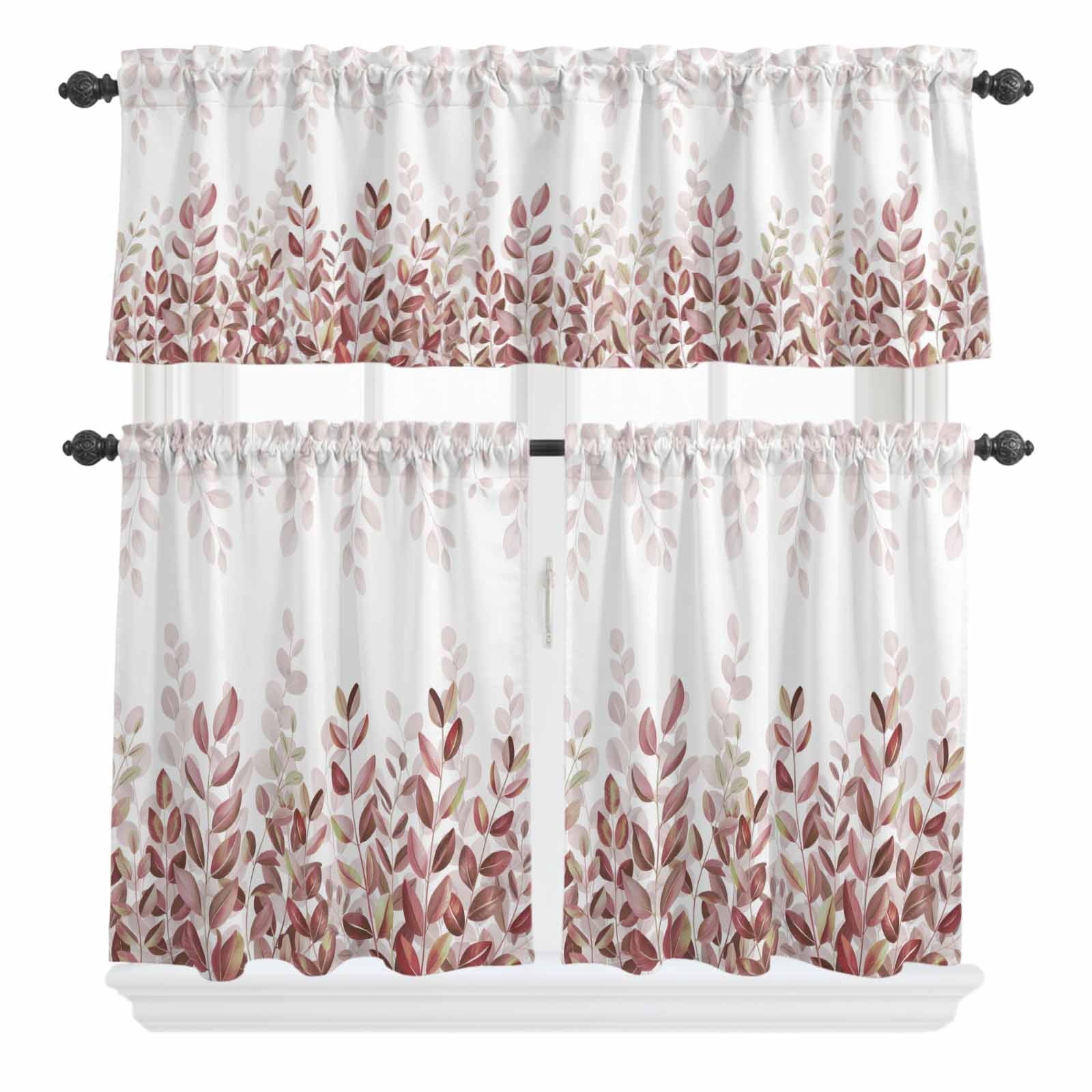 3 Piece Kitchen Curtains and Valances Set Spring Gray Eucalyptus Cafe Curtains 36 Inch Length Summer Botanical Leaf Country Valance & Tier Curtain for Living Room Bedroom Window 54"x18"+27"x36"*2
