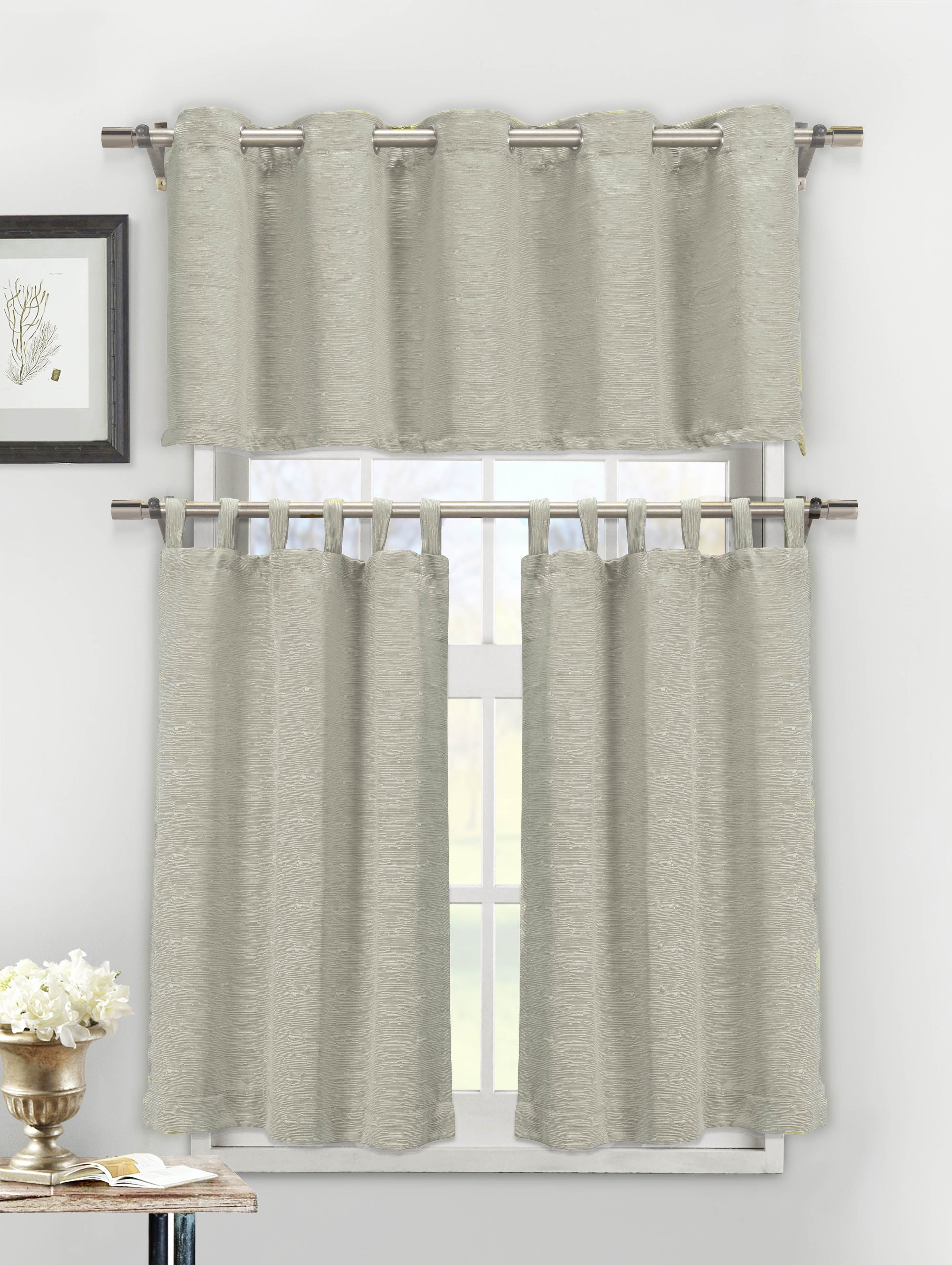 3 Piece Textured Cotton Blend Taupe Jacquard Kitchen Window Curtain Set