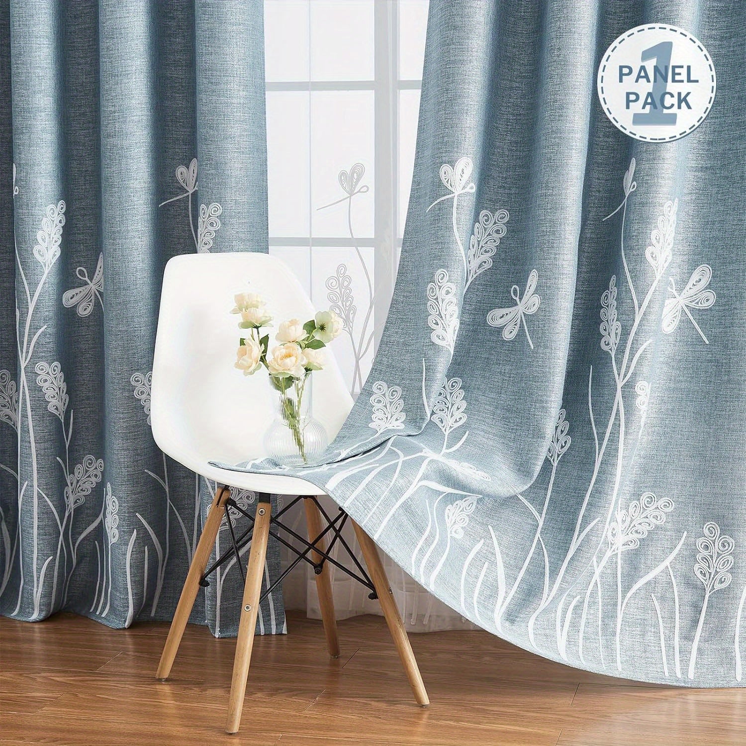 1pc Embroidery Faux Linen Blackout Wide Curtains Grommet Drape for Bedroom, Living Room Patio Door