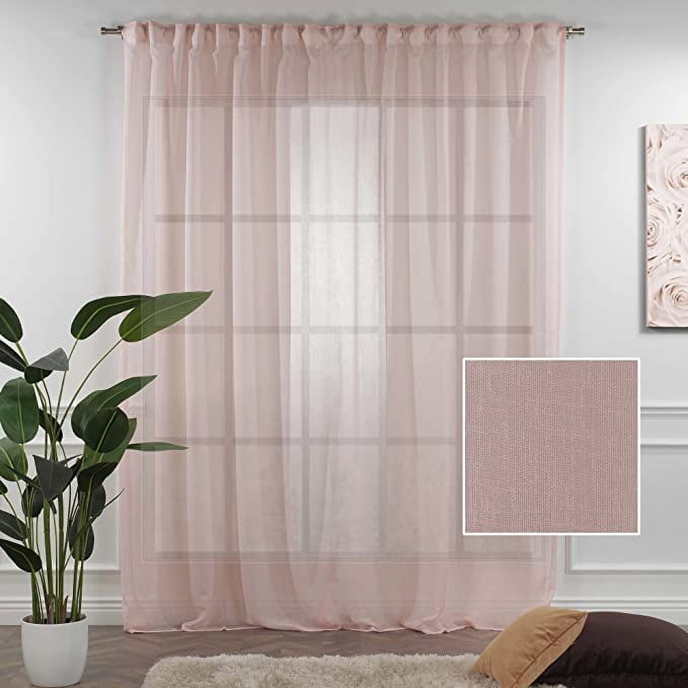 3S Brother's Pink Linen Look Extra Long Set of 2 Panels Sheer Curtains Rod Pocket & Back Tab Home Décor Window Custom Made Drapes 10-30 Ft. Long -Made in Turkey Each Panel (52"W x 63"L)