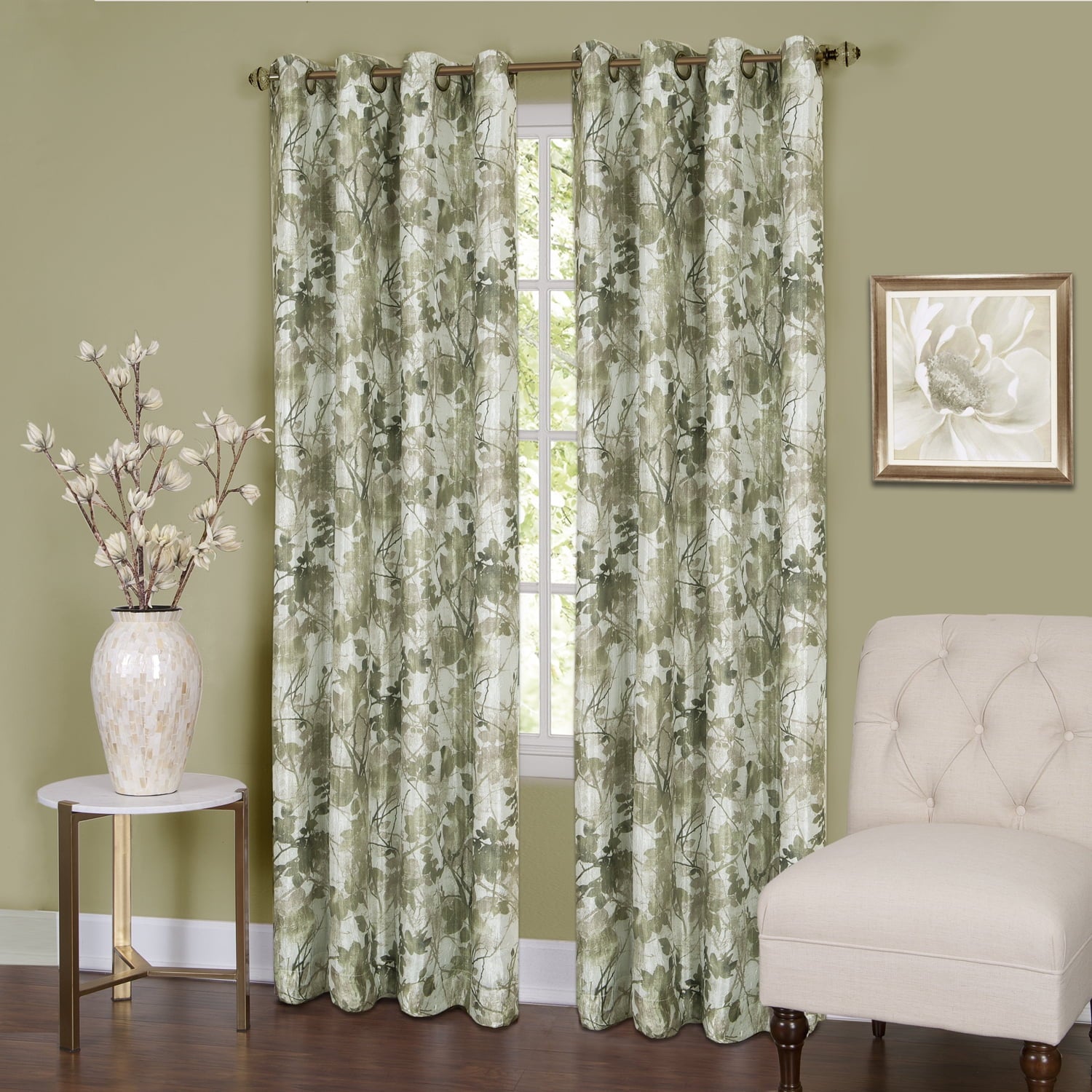Achim Tranquil - Lined Grommet Window Curtain Panel, 50 in x 63 in, Floral Green