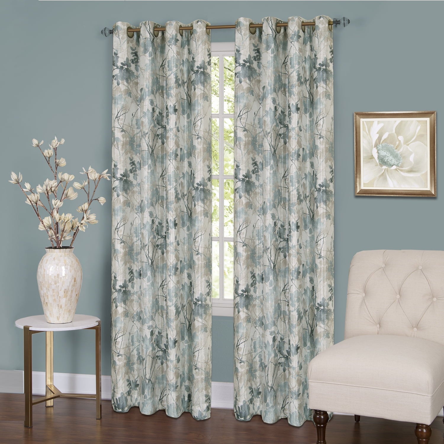 Achim Tranquil - Lined Grommet Window Curtain Panel, 50 in x 63 in, Floral Green