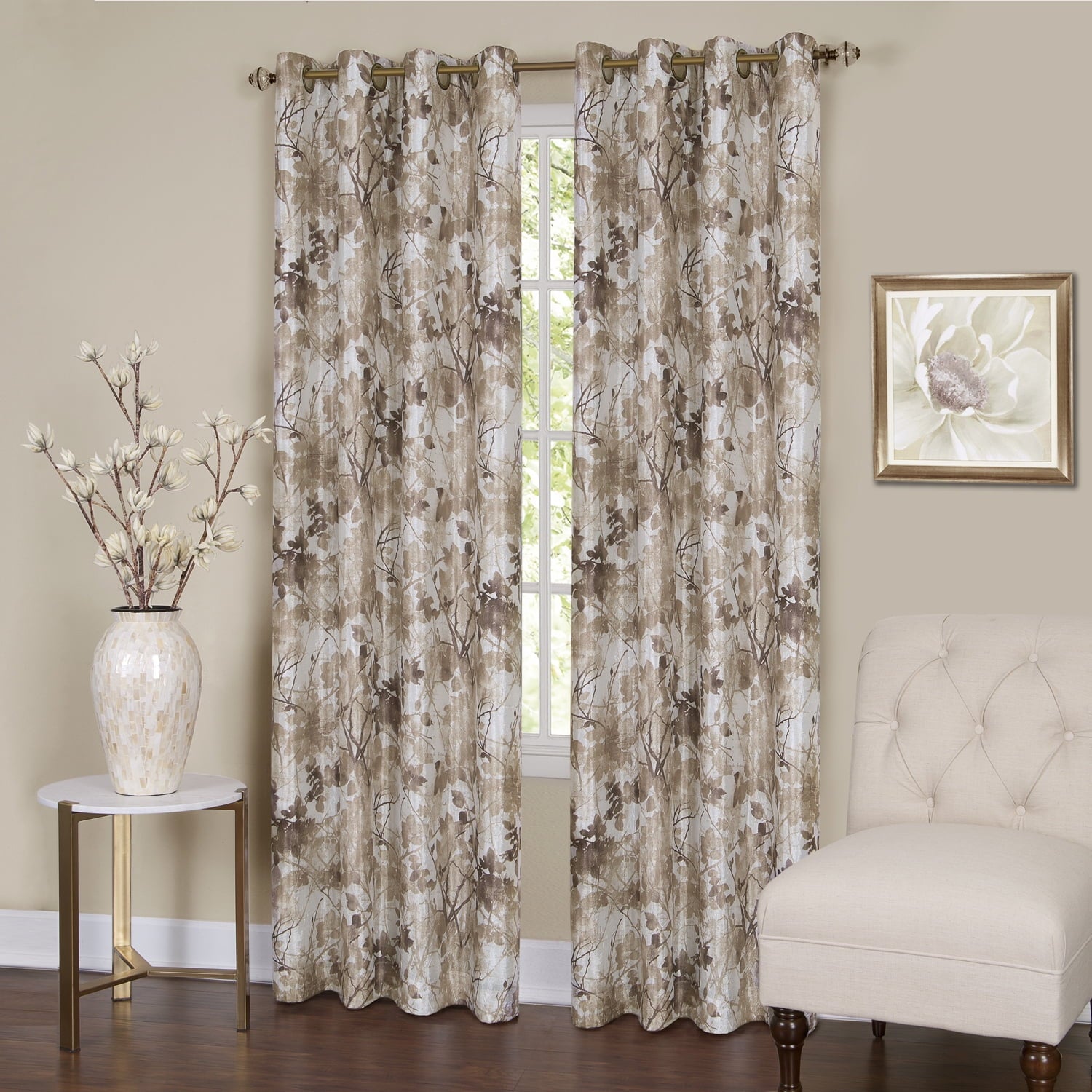 Achim Tranquil - Lined Grommet Window Curtain Panel, 50 in x 63 in, Floral Green