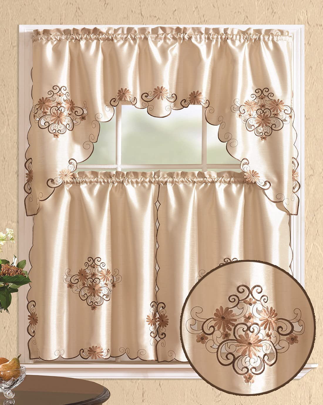 All American Collection Modern Embroidered 3pc Kitchen Curtain Set With Swag Valance and Available Tablecloth Separately