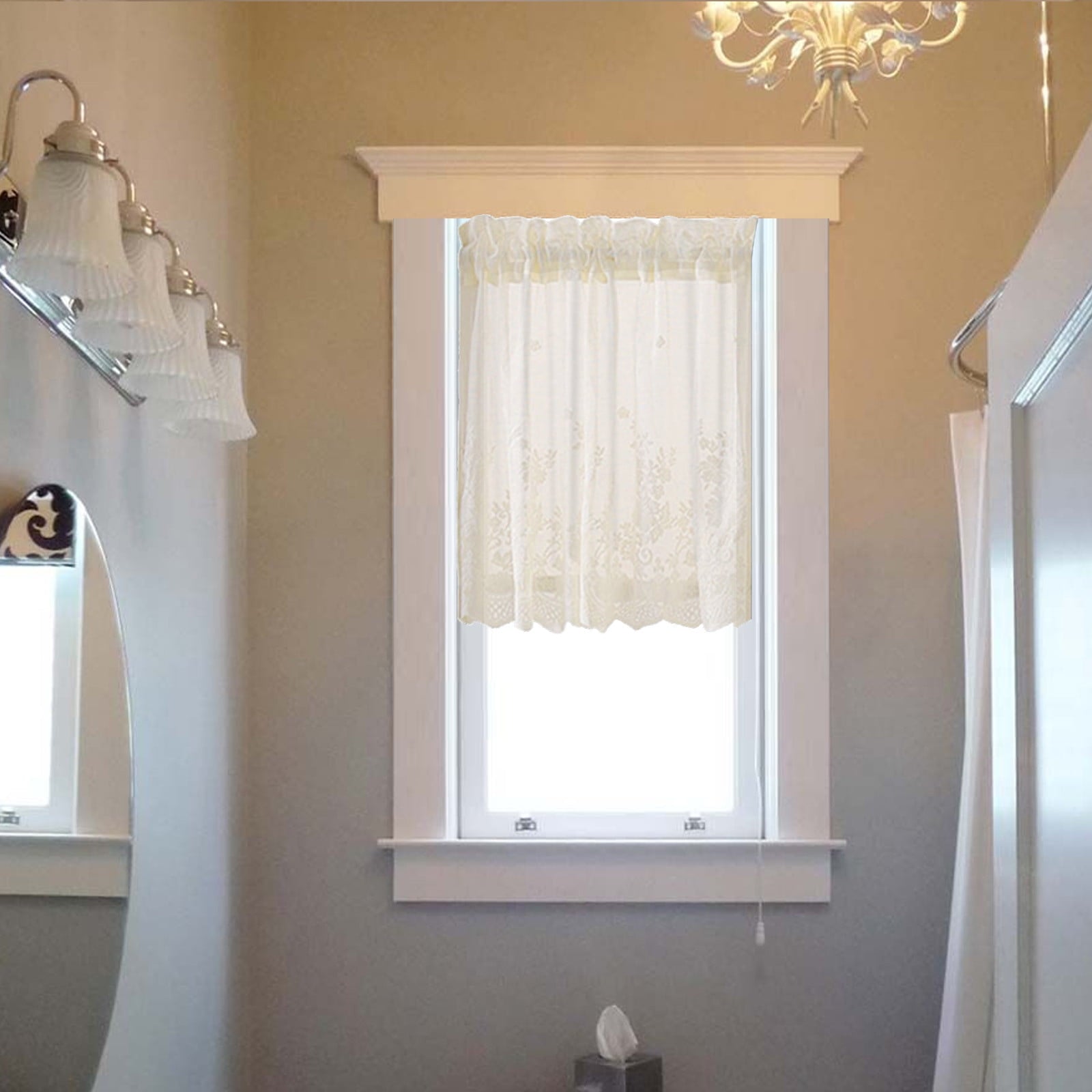 1 Pc Sheer Kitchen Valances Curtains 2Pcs Vintage Lace Short Curtains, Cream Floral Embroidered Voile Cafe Curtain for Bedroom Living Room Bathroom Windows Decor, 29.1x35.4 Inch, Beige